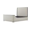 Grey upholstered bed with curved base and maple accents