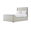 Grey upholstered bed with curved base and maple accents