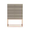 A luxurious modern 5-drawer tallboy with gold accents and base