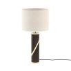 Dark wooden table lamp with metallic spiral cross detailing and cream shade