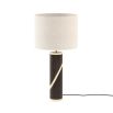 Dark wooden table lamp with metallic spiral cross detailing and cream shade