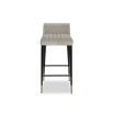 Square bar stool with upholstered in light grey fabric with fluting details