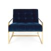 A modern navy lounge chair with a polished brass frame