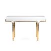 A futuristic white console table with blue acrylic cabochons and a polished brass base 