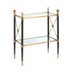 A regal brass and black French Empire-inspired side table with glass shelves
