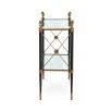 A regal brass and black French Empire-inspired side table with glass shelves