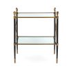 A regal brass and black French Empire-inspired side table with glass shelves