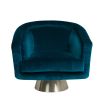 A luxurious blue velvet swivel chair with brushed stainless steel base