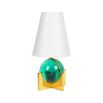 A modern, green acrylic vanity lamp with a polished brass finish