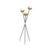 An elegant floor standing lamp with blackened metal stems and brass accents