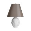 A porcelain faced table lamp with a grey shade and nickel accents 