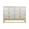 A luxurious six-drawer brass and antiqued mirror glass chest