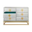 A luxurious six-drawer brass and antiqued mirror glass chest