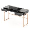 A gorgeous matte grey dressing table with a dazzling, copper base