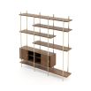 A stylish shelving unit made from walnut wood and stainless steel