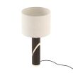 Dark wooden table lamp with metallic spiral cross detailing and cream shade