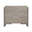 A gorgeous two tone bedside table with three drawers and a dual USB charger from Bernhardt
