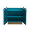 A retro-futuristic inspired cabinet in a teal finish and brass base.