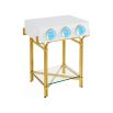 Futuristic side table with blue orb detail and polished brass finish