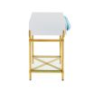 Futuristic side table with blue orb detail and polished brass finish