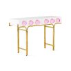 Glamorous console table with two storage drawers, gold legs and pink acrylic orbs