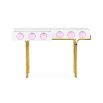 Glamorous console table with two storage drawers, gold legs and pink acrylic orbs