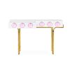 Glamorous console table with two storage drawers, gold legs and pink acrylic orbs