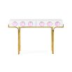 Glamorous console table with two storage drawers, gold legs and pink acrylic orbs