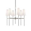 A polished nickel chandelier by Hudson Valley with six off-white linen shades 