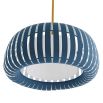Strips of blue banding surround the light suspended from brass pipe 