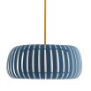 Strips of blue banding surround the light suspended from brass pipe 