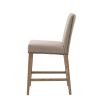 Bar stool with wood frame and upholstered seats finished with luxury brass studs