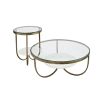 Striking side table with antique brass frame, glass surface and floating marble shelf