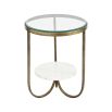 Striking side table with antique brass frame, glass surface and floating marble shelf