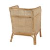 A natural rattan and cane chair with a rounded back and cushioned seat