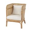 A natural rattan and cane chair with a rounded back and cushioned seat