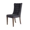 A set of two grey velvet buttonback dining chairs with whitewashed wooden legs 