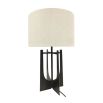 Contemporary dark oak wood finished table lamp with natural linen shade