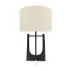 Contemporary dark oak wood finished table lamp with natural linen shade