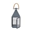 A beautiful, square shaped lantern with a powder-coated grey finish and woven rustic handle