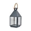 A beautiful, square shaped lantern with a powder-coated grey finish and woven rustic handle