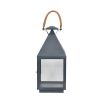 A beautiful, square shaped lantern with a powder-coated grey finish and woven rustic handle