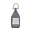 A beautiful, square shaped lantern with a powder-coated grey finish and woven rustic handle