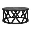 round dark wooden coffee table with luxurious detailed supportive beams