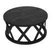 round dark wooden coffee table with luxurious detailed supportive beams