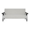 Sleek boucle upholstered sofa with black arm rests