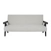 Sleek boucle upholstered sofa with black arm rests