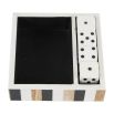 Wooden dice set in striped box