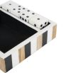 Wooden dice set in striped box
