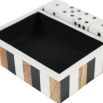 Wooden dice set in striped box
